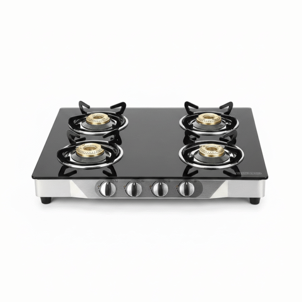 Glass Top 4 Burner LPG Gas Stove – ISI Certified | Indian Oil LPG Compatible | Best 4 Burner Gas Oven for Home Cooking