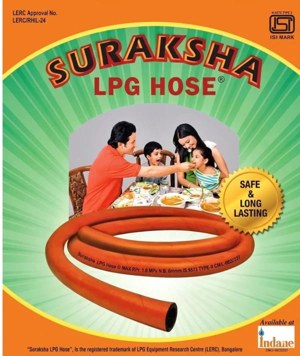 Suraksha LPG Hose Pipe 1.5 Meter with Ferrule – 3 Layer Safety Hose | 5 Years Life | ISI Certified LPG Gas Pipe